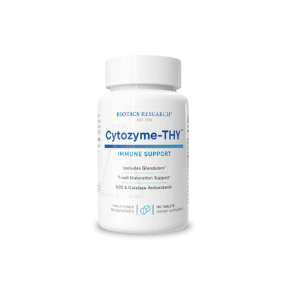 Front view of the Biotics Research Cytozyme THY bottle showcasing the neonatal thymus glandular and immune support formula
