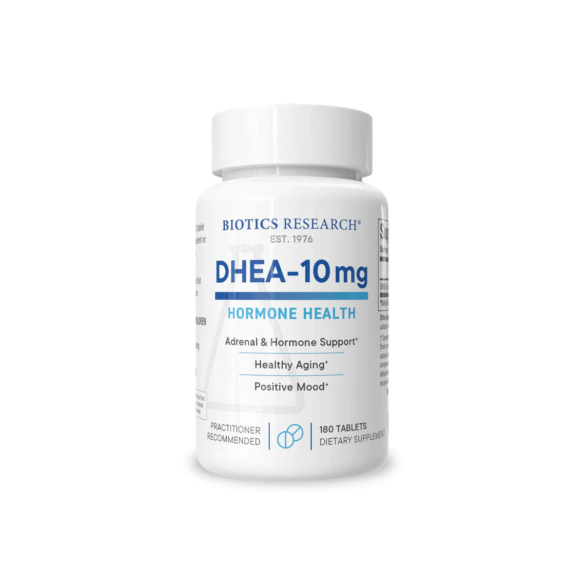 Front view of the Biotics Research DHEA 10 mg bottle showcasing the hormone balance and endocrine support formula