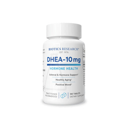 Front view of the Biotics Research DHEA 10 mg bottle showcasing the hormone balance and endocrine support formula