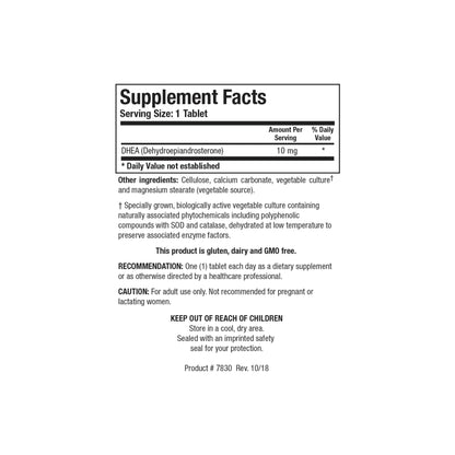 Close up of the DHEA 10 mg supplement facts label detailing micronized dehydroepiandrosterone dosage