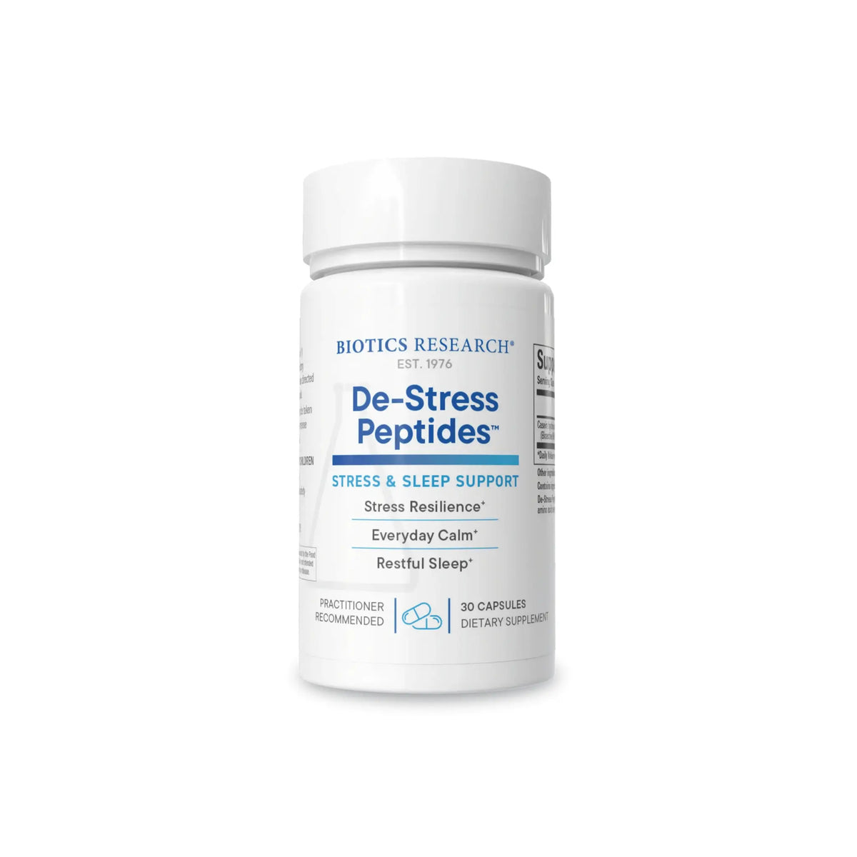 Front view of the Biotics Research De-Stress Peptides 30 count bottle showcasing the stress management and relaxation support formula