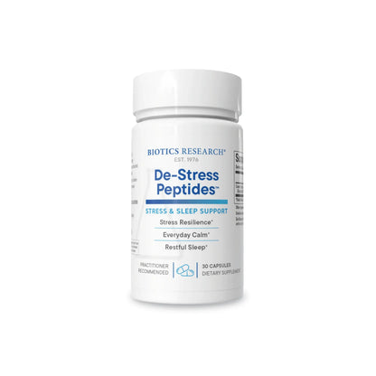 Front view of the Biotics Research De-Stress Peptides 30 count bottle showcasing the stress management and relaxation support formula