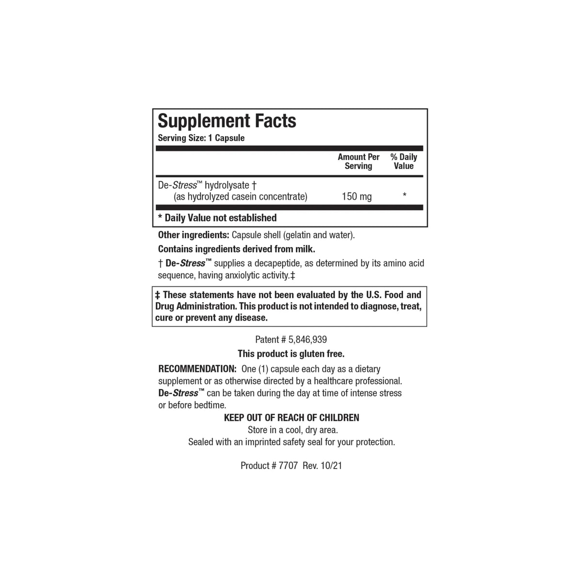 Close up of the De-Stress Peptides supplement facts label detailing bio-active milk protein hydrolysate peptides