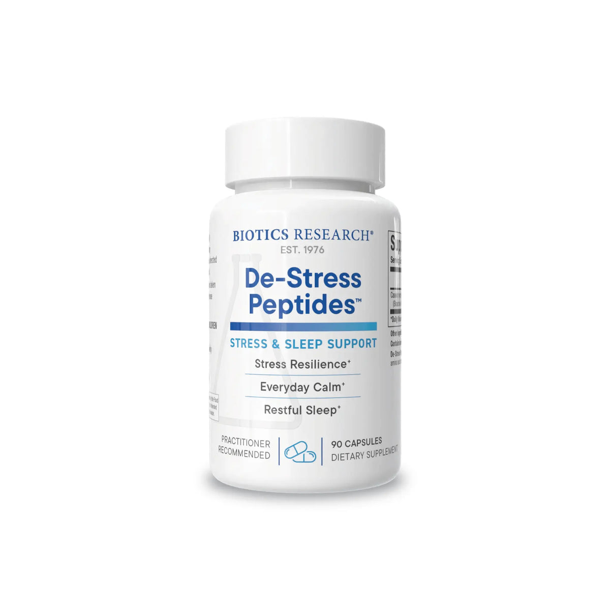 Front view of the Biotics Research De-Stress Peptides 90 count bottle showcasing the stress management and relaxation support formula