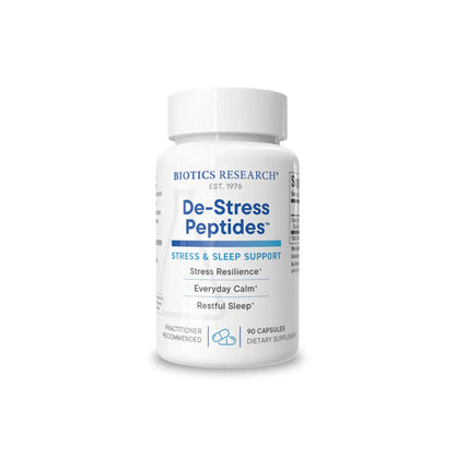 Front view of the Biotics Research De-Stress Peptides 90 count bottle showcasing the stress management and relaxation support formula
