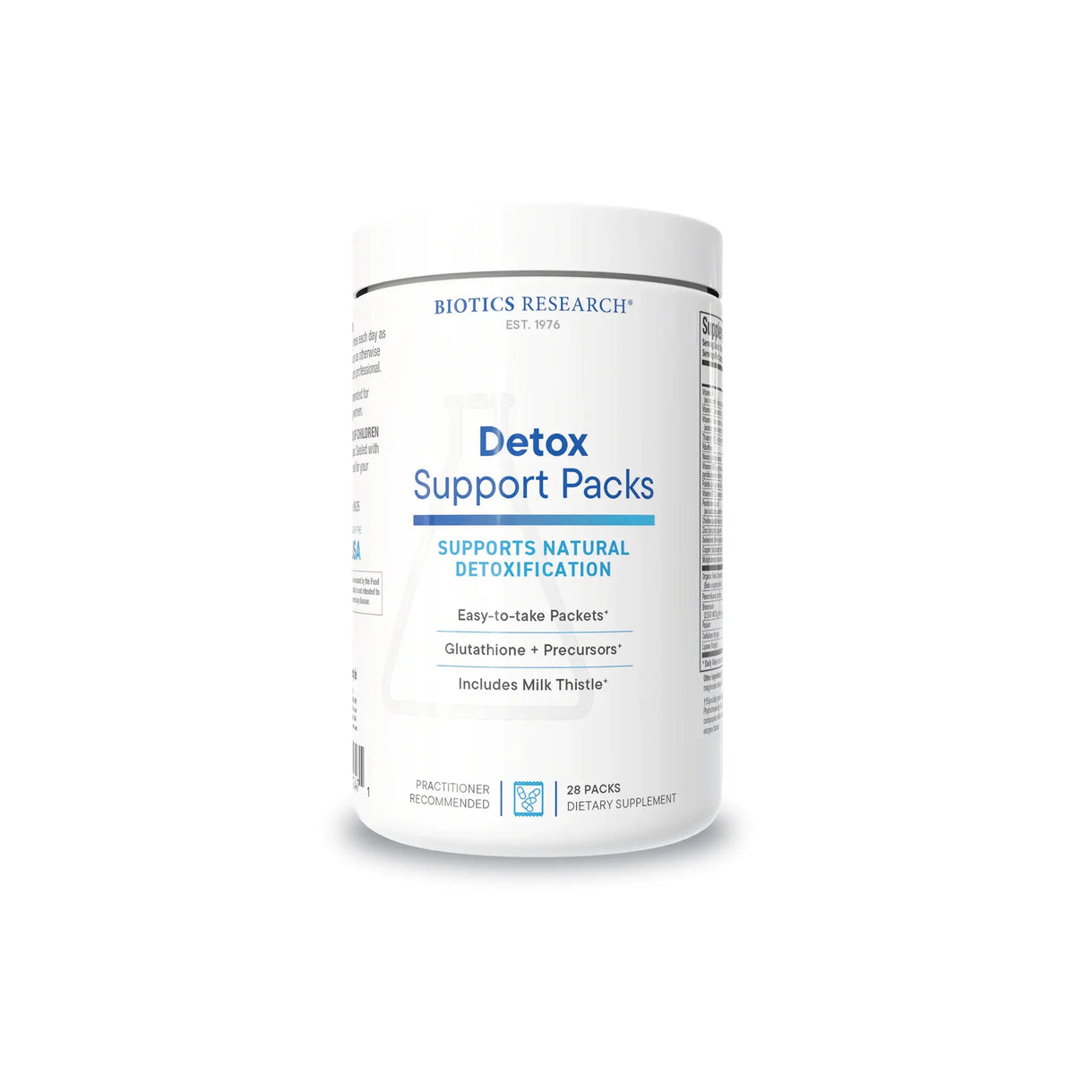 Front view of the Biotics Research Detox Support Packs container showcasing the comprehensive hepatic detoxification formula