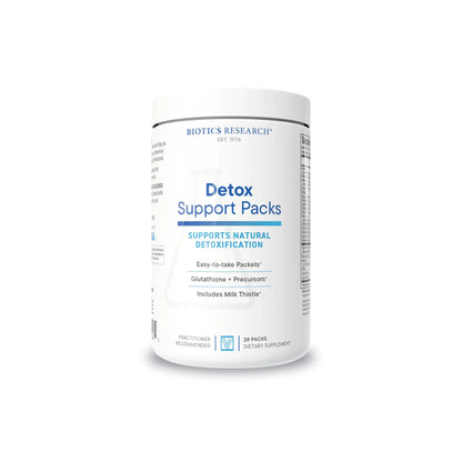 Front view of the Biotics Research Detox Support Packs container showcasing the comprehensive hepatic detoxification formula