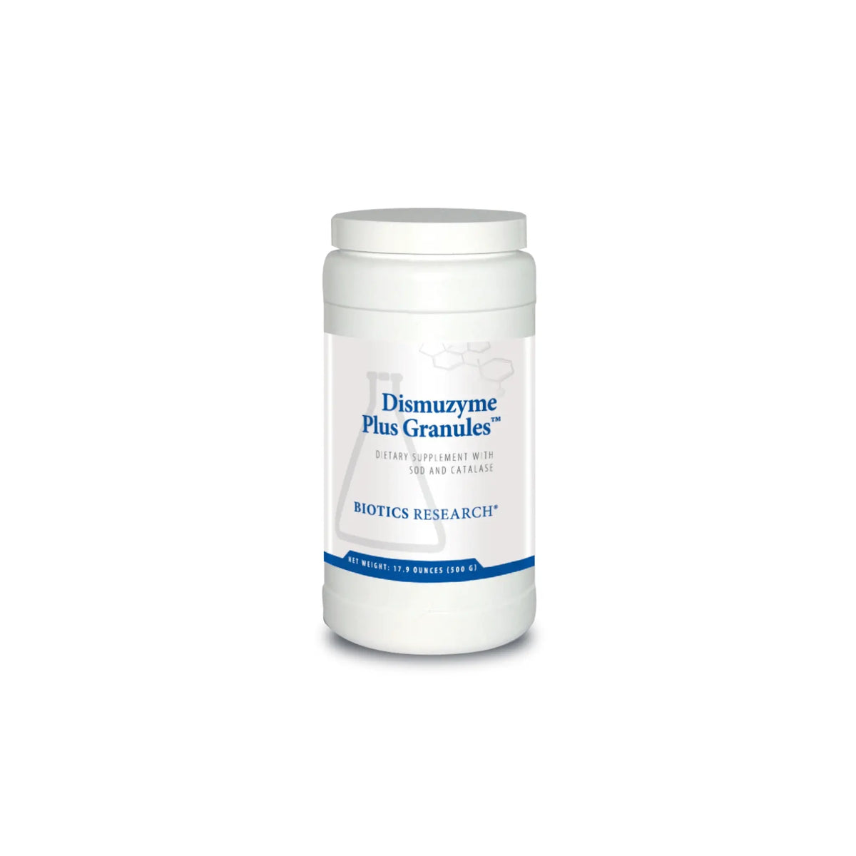 Front view of the Biotics Research Dismuzyme Plus Granules container showcasing the antioxidant enzyme formula