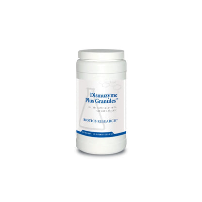 Front view of the Biotics Research Dismuzyme Plus Granules container showcasing the antioxidant enzyme formula