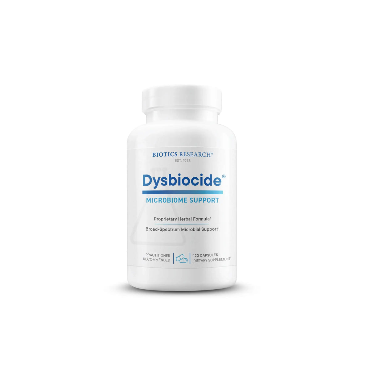 Front view of the Biotics Research Dysbiocide bottle showcasing the botanical gut microbiome and digestive health formula