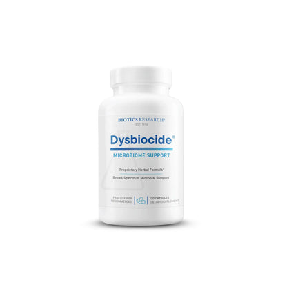 Front view of the Biotics Research Dysbiocide bottle showcasing the botanical gut microbiome and digestive health formula