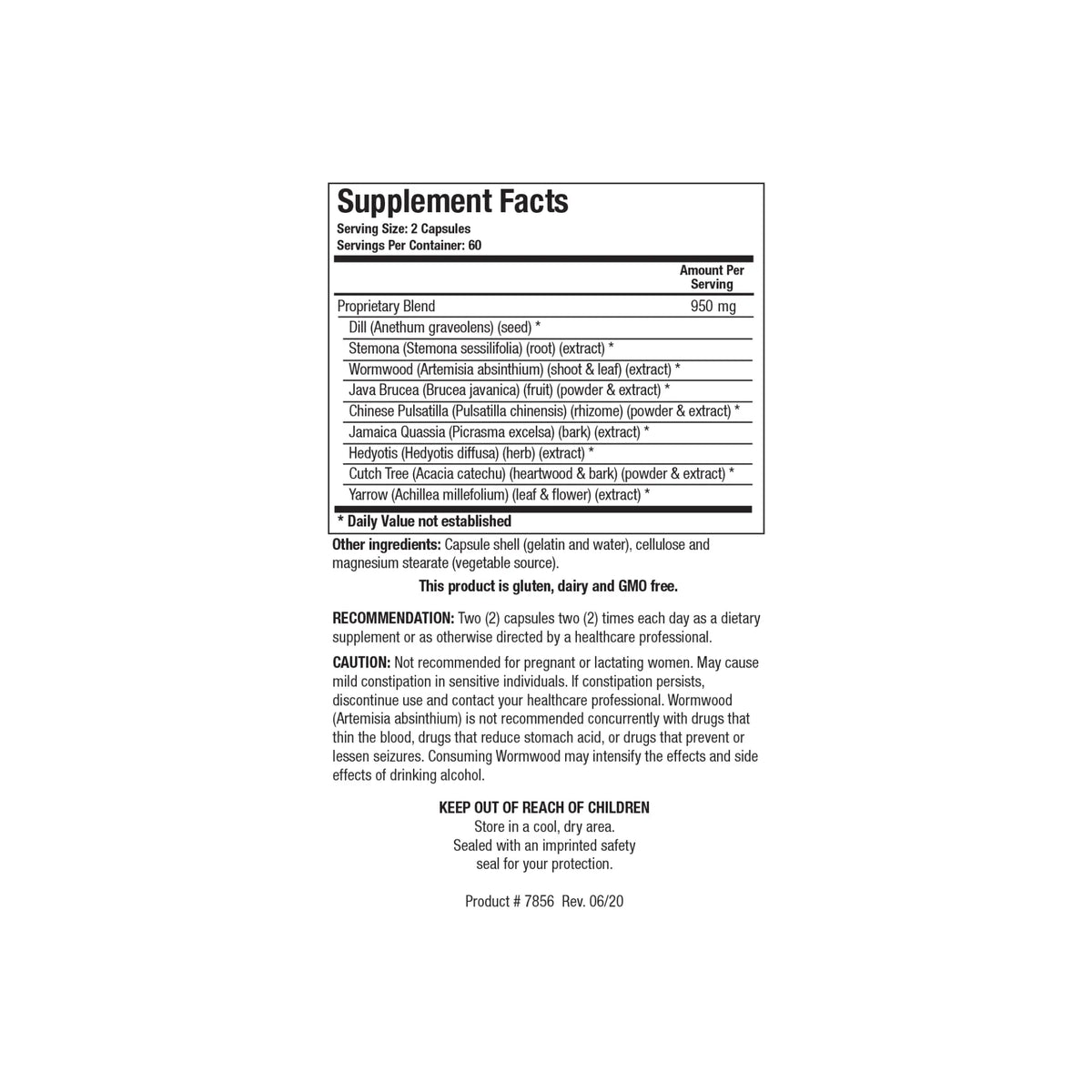 Close up of the Dysbiocide supplement facts label detailing the proprietary blend of Eastern and Western herbal extracts