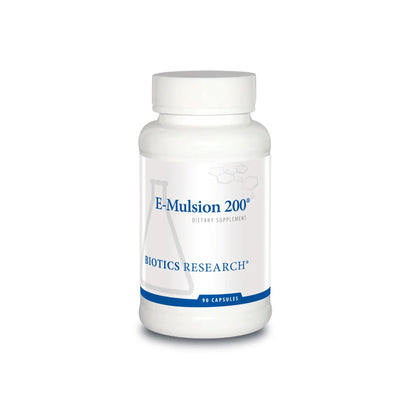 Front view of the Biotics Research E-Mulsion 200 bottle showcasing the emulsified vitamin E and antioxidant formula