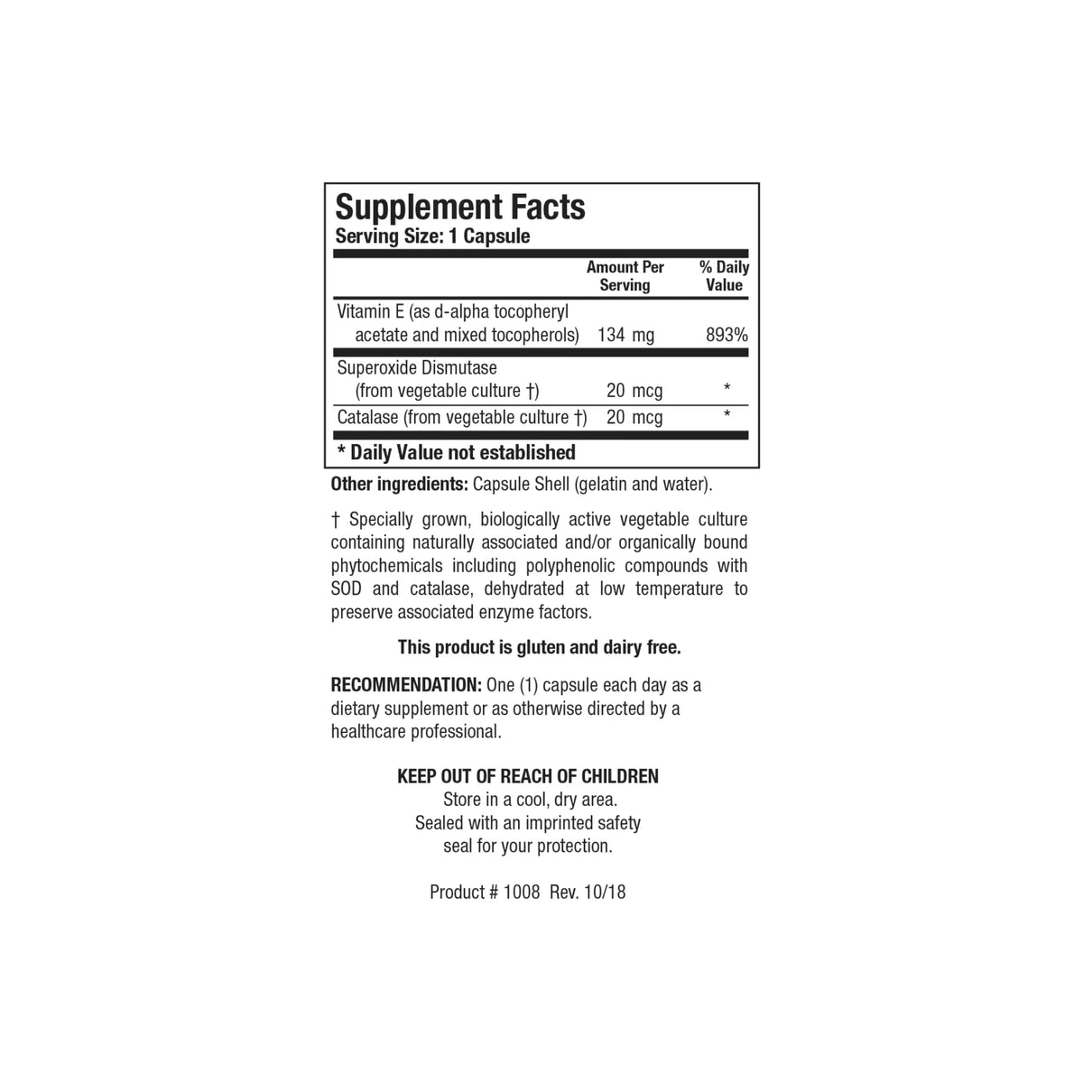 Close up of the E-Mulsion 200 supplement facts label detailing micro-emulsified vitamin E mixed tocopherols SOD and catalase