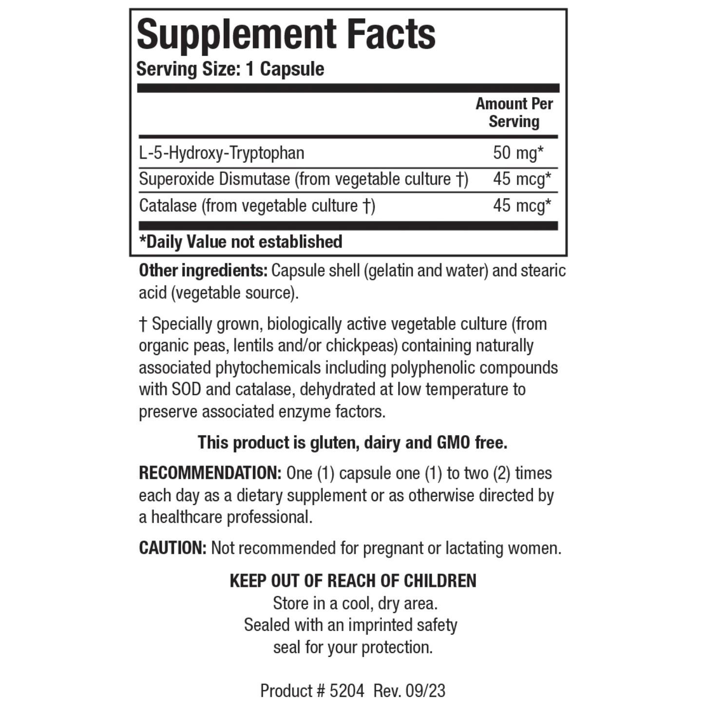 5-HTP Supplement Facts 5-HTP supplement facts panel by Biotics Research showing ingredients for mood support