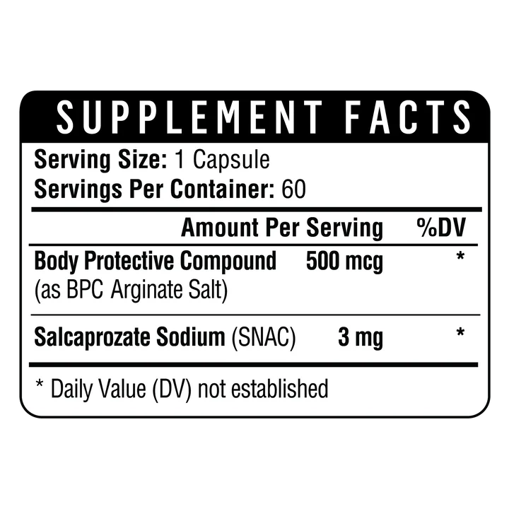 Body protection compound supplement ingredients label on the bottle.