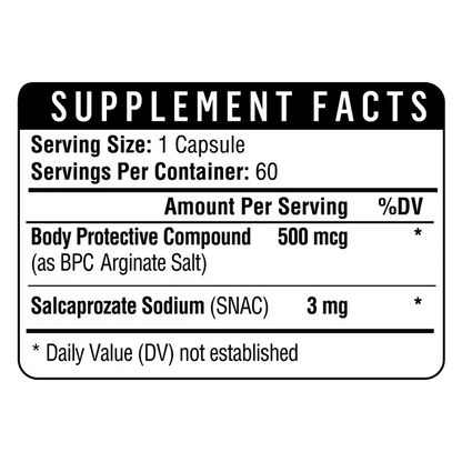 Body protection compound supplement ingredients label on the bottle.