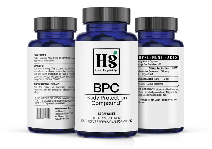 Body protection compound supplement bottle all sides of the label.