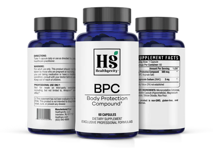 Body protection compound supplement bottle all sides of the label.