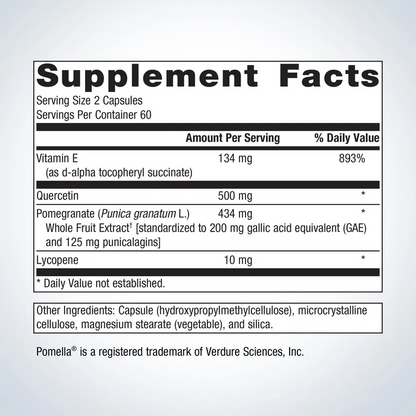 Supplement facts label with detailed nutritional information on a light gray background