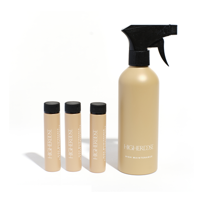 High Maintenance High Dose sauna blanket cleaner set with three concentrate vials and a reusable spray bottle