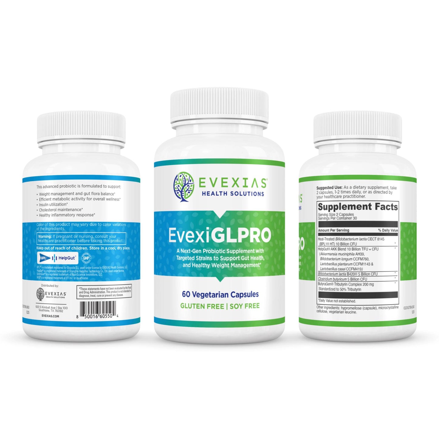 Three bottles of Evexias GLPRO supplement on a white background