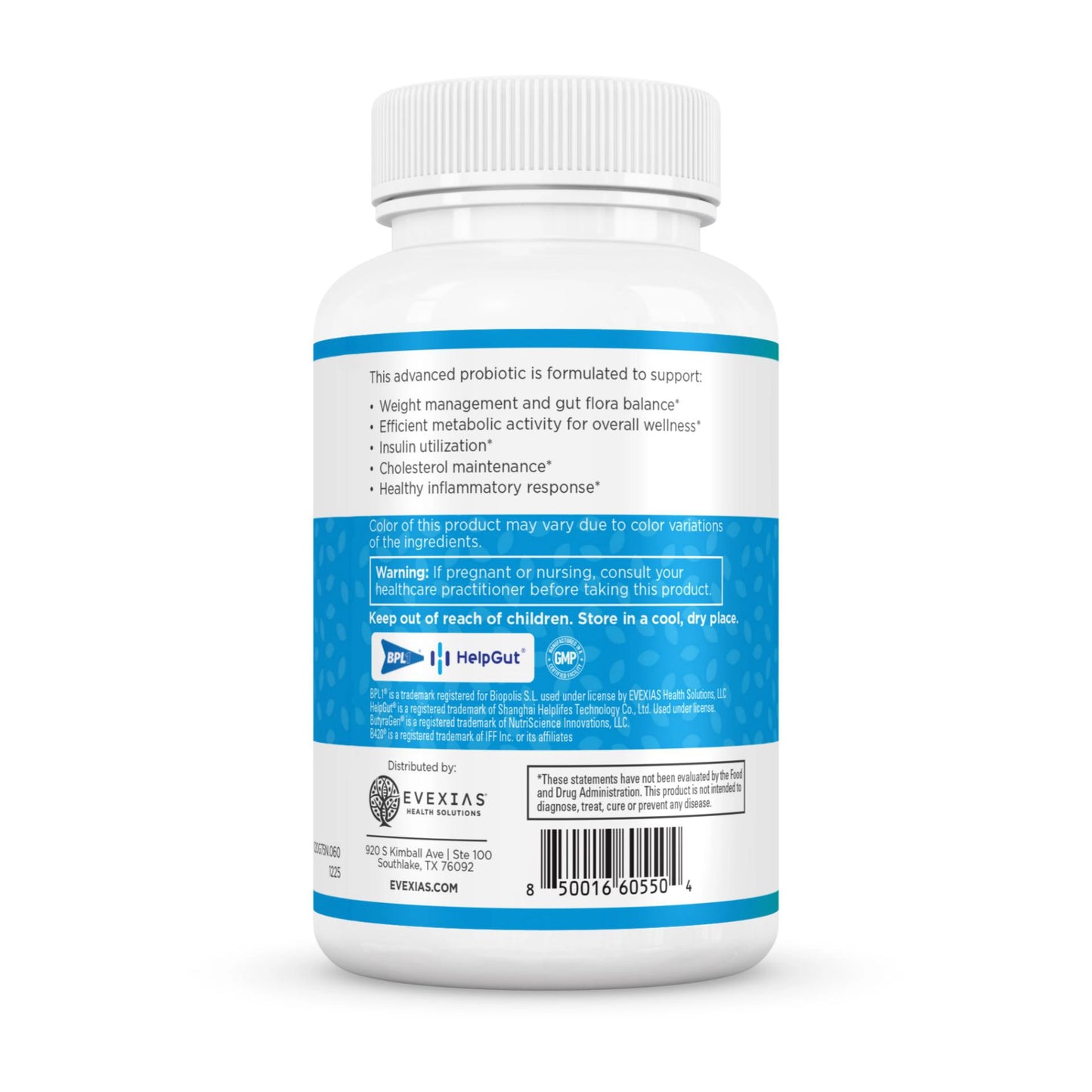 Probiotic supplement bottle with label on a white background