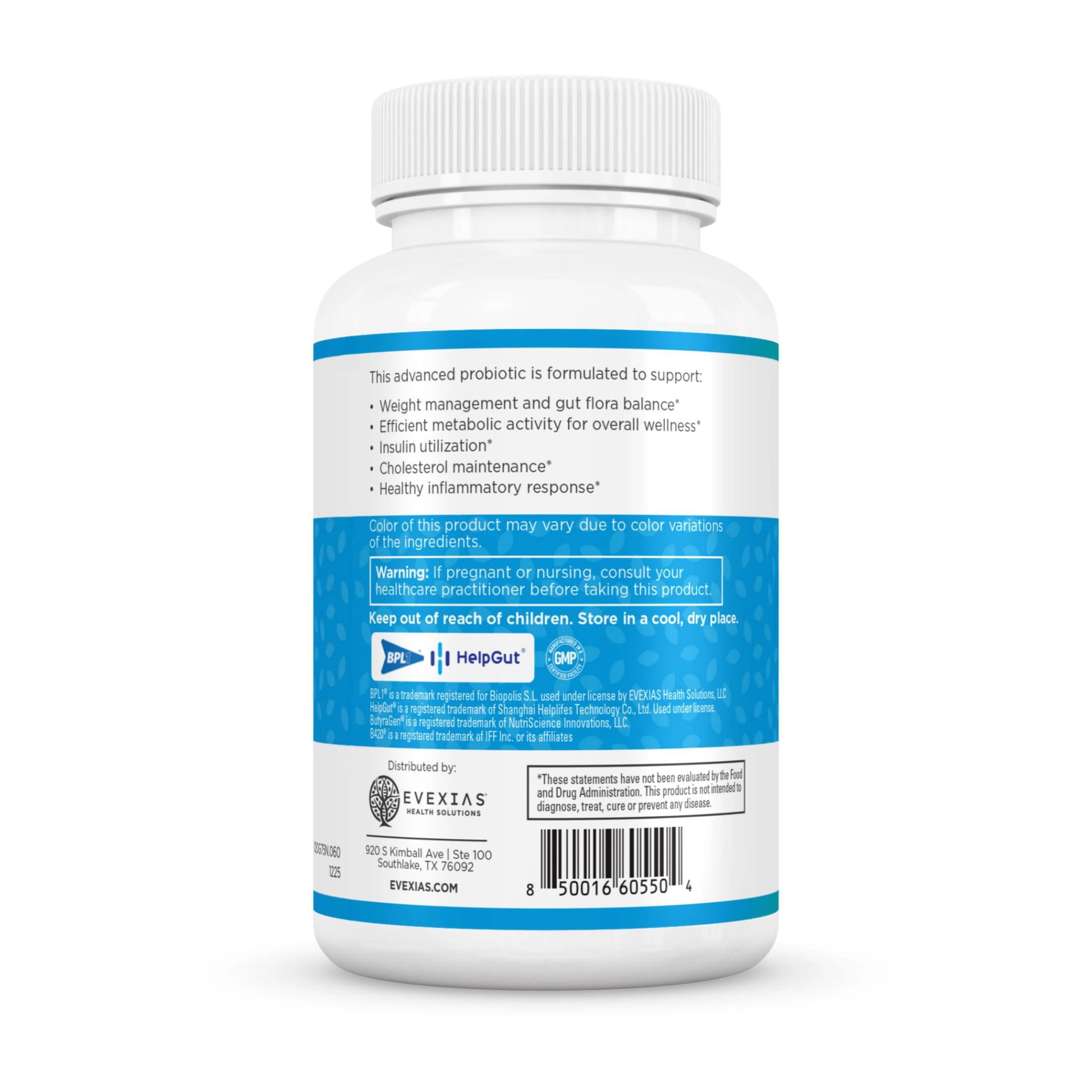 Probiotic supplement bottle with label on a white background