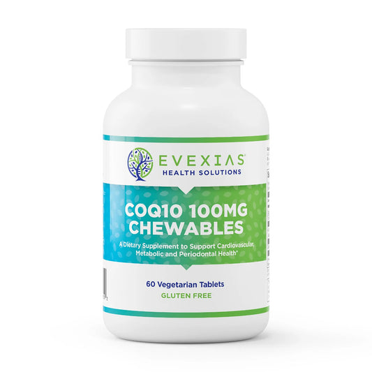 Front of CoQ10 100 mg Chews bottle by Evexias Health Solutions