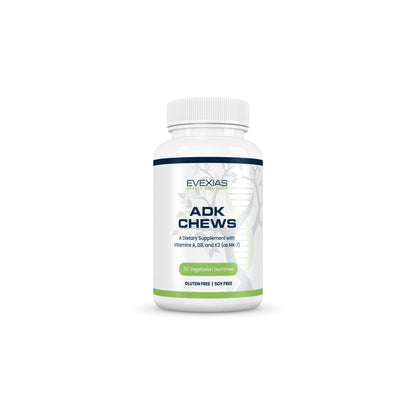 ADK Chews bottle by Evexias Health Solutions featuring pineapple-flavored vitamin A D3 K2 gummies for bone and immune health