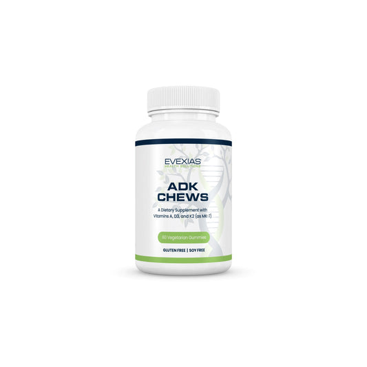 ADK Chews bottle by Evexias Health Solutions featuring pineapple-flavored vitamin A D3 K2 gummies for bone and immune health