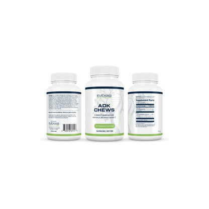 Group of ADK Chews bottles by Evexias Health Solutions highlighting clean, sugar-free bone and immune support formula