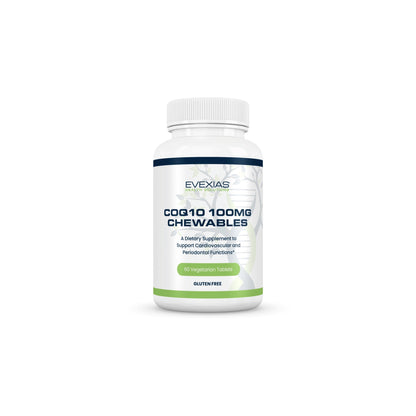 Front of CoQ10 100 mg Chews bottle by Evexias Health Solutions