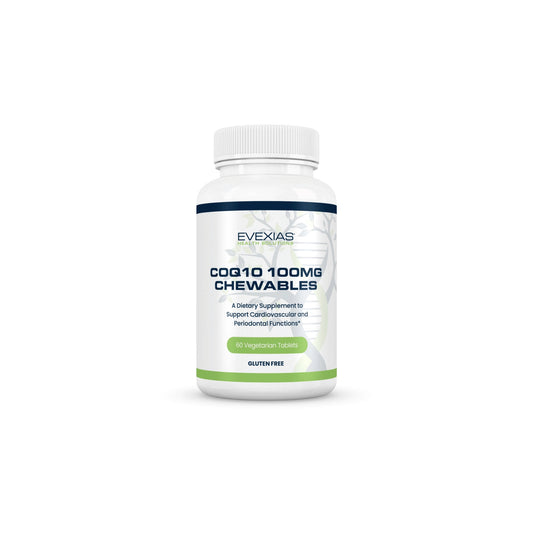 Front of CoQ10 100 mg Chews bottle by Evexias Health Solutions