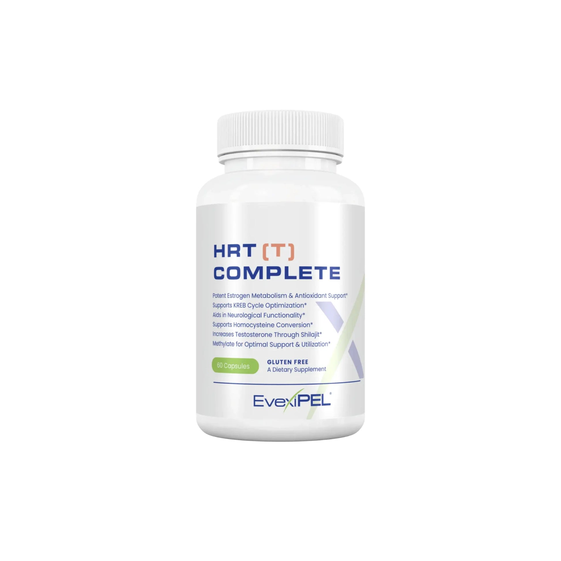 Front view of the Evexias HRT Complete T vegetarian capsule bottle highlighting the hormone balance and testosterone therapy optimization formula