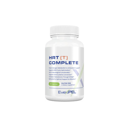 Front view of the Evexias HRT Complete T vegetarian capsule bottle highlighting the hormone balance and testosterone therapy optimization formula