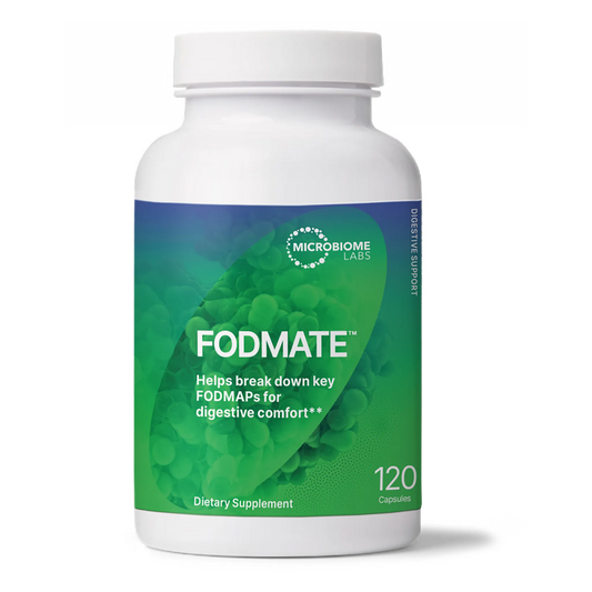 Fodmate Microbiome Labs digestive enzyme blend dietary supplement bottle with 120 capsules for digestive support and relief from FODMAP-related symptoms