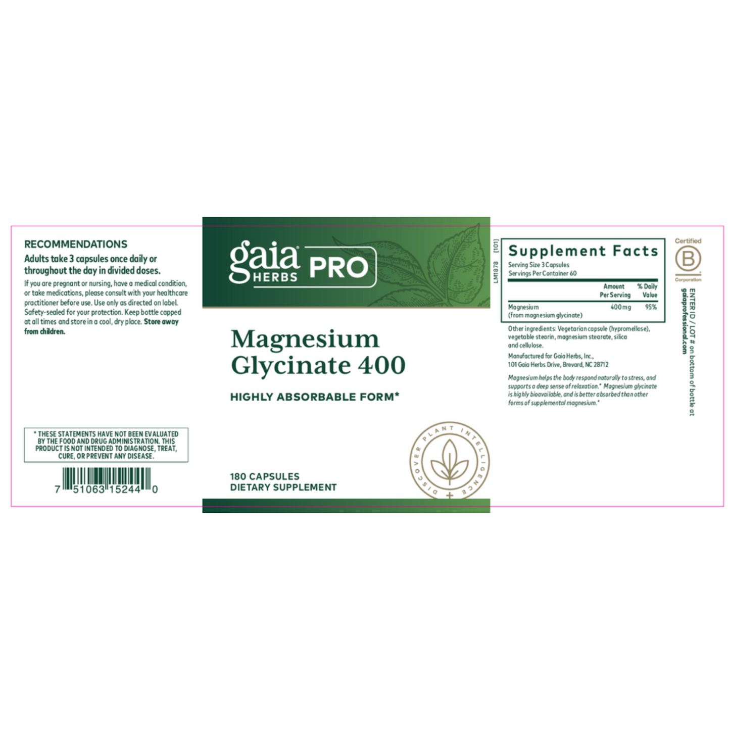 Gaia Herbs Pro Magnesium Glycinate 400 Label
