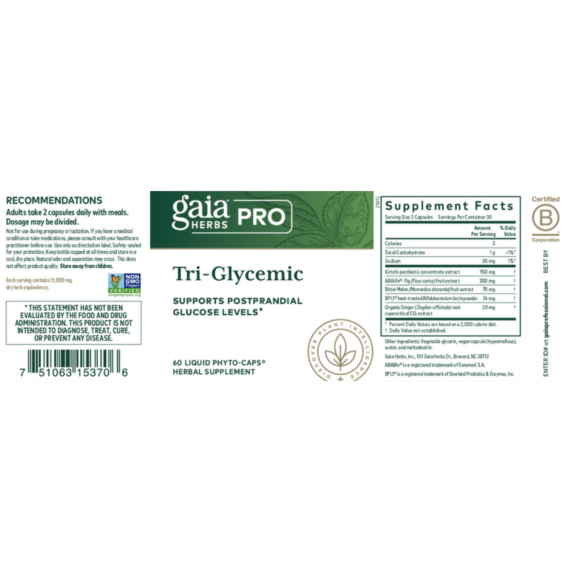 Gaia Herbs Pro Tri Glycemic Label