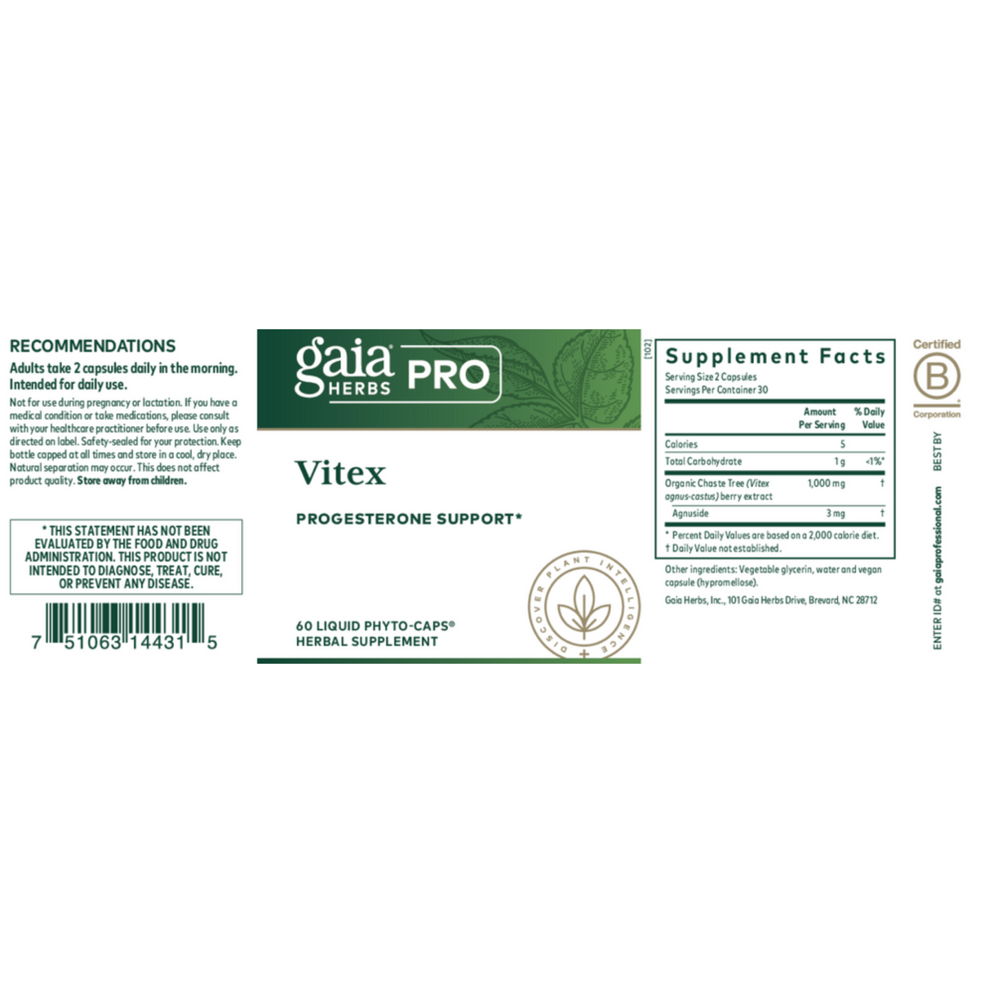 Gaia Herbs Pro Vitex Progesterone Support Label