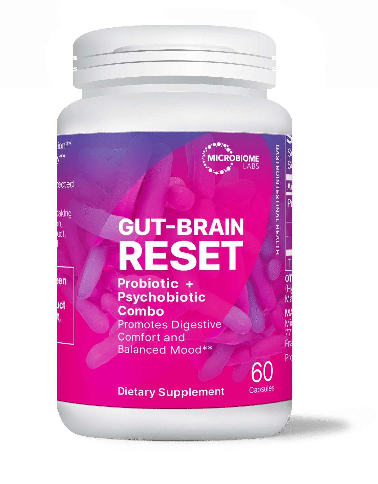 Probiotic bottle labeled 'Gut-Brain Reset' by Microbiome Labs on a white background