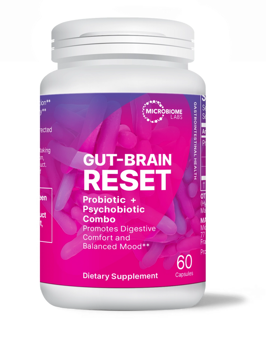Probiotic bottle labeled 'Gut-Brain Reset' by Microbiome Labs on a white background