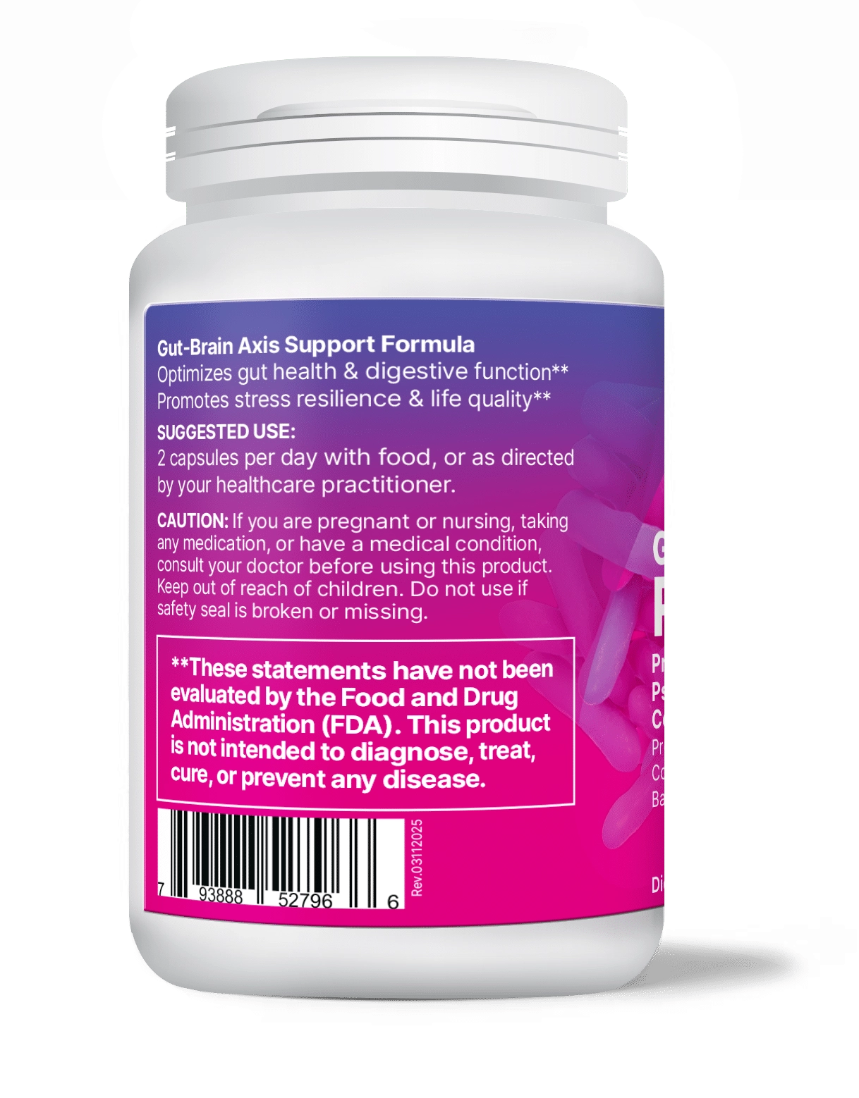 Probiotic bottle with pink label on a white background