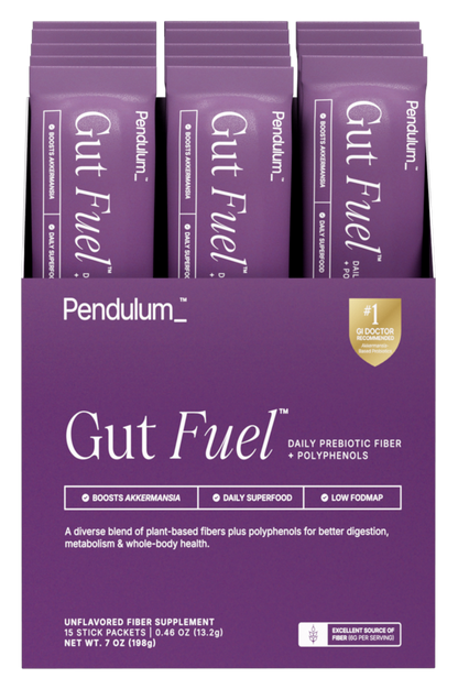 Packets of Gut Fuel daily probiotic fiber and polyphenols by Pendulum for travel supplements.