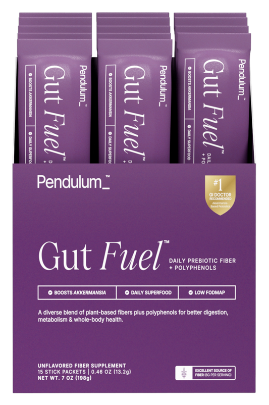 Packets of Gut Fuel daily probiotic fiber and polyphenols by Pendulum for travel supplements.