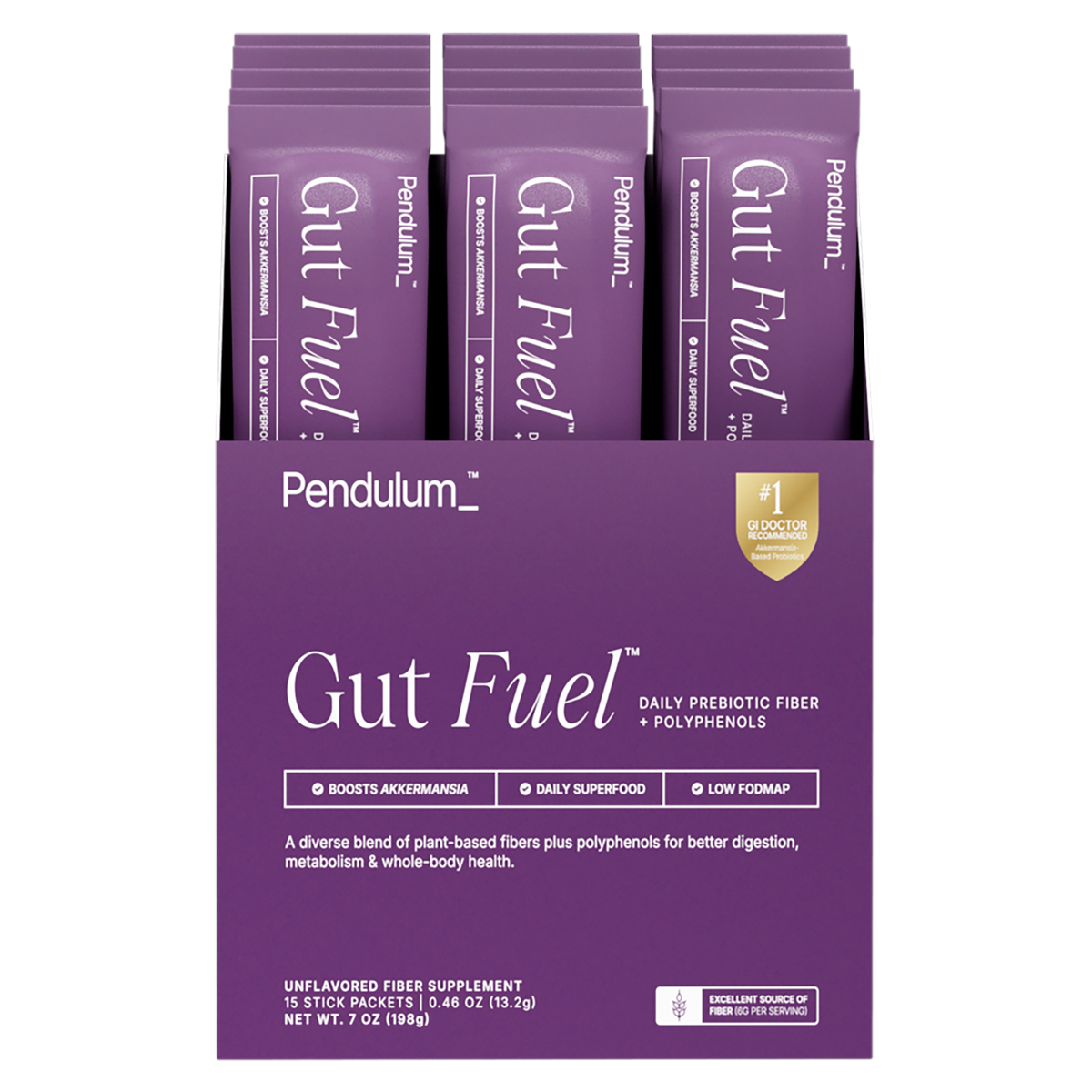 Packets of Gut Fuel daily probiotic fiber and polyphenols by Pendulum for travel supplements.