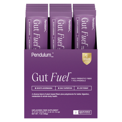Packets of Gut Fuel daily probiotic fiber and polyphenols by Pendulum for travel supplements.