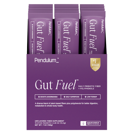 Packets of Gut Fuel daily probiotic fiber and polyphenols by Pendulum for travel supplements.