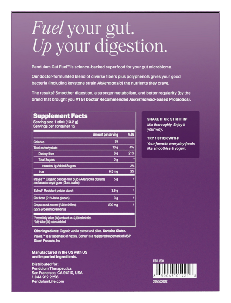 The ingredients in Gut Fuel daily prebiotic and polyphenols by pendulum for daily gut health.