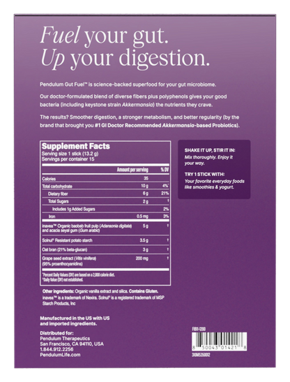 The ingredients in Gut Fuel daily prebiotic and polyphenols by pendulum for daily gut health.